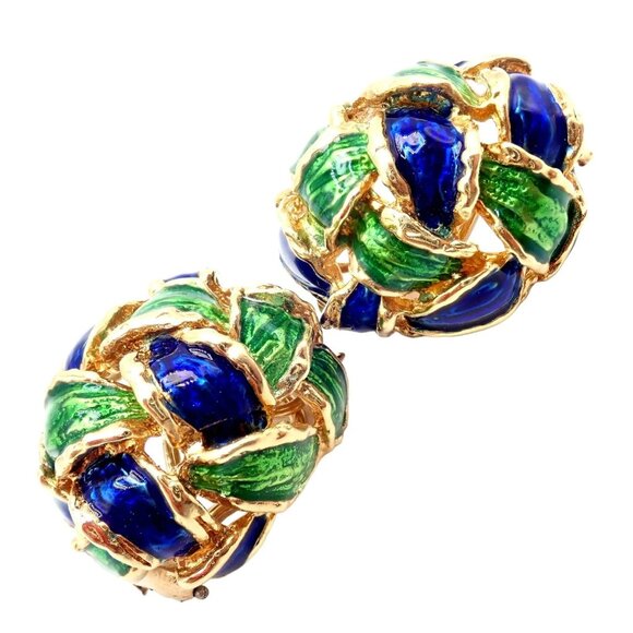 Vintage Tiffany & Co Green Blue Enamel 18k Yellow Gold Basket Weave Earrings - Picture 8 of 12